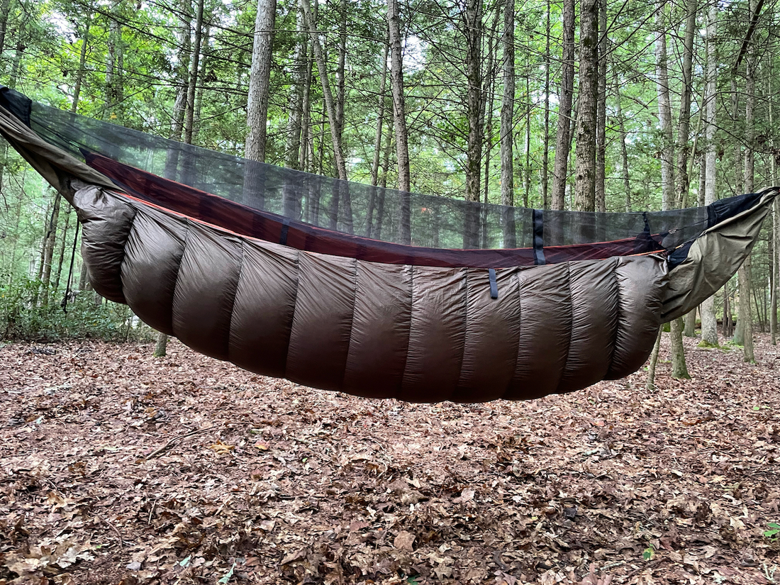 Jacks R Better down hammock underquilt hanging beneath a hammock, insulating you from below