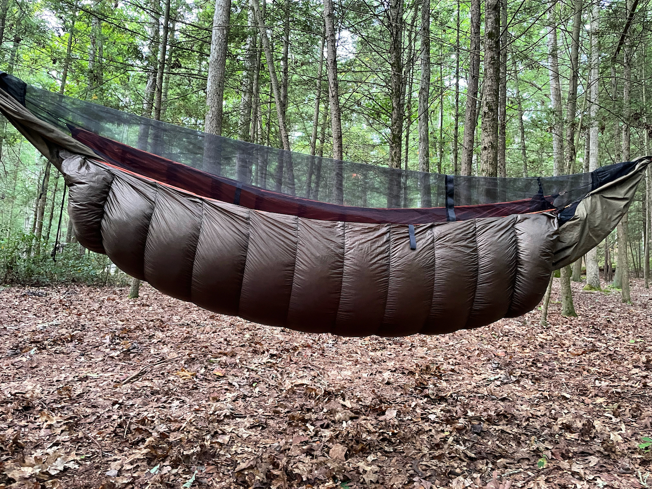 Jacks R Better down hammock underquilt hanging beneath a hammock, insulating you from below