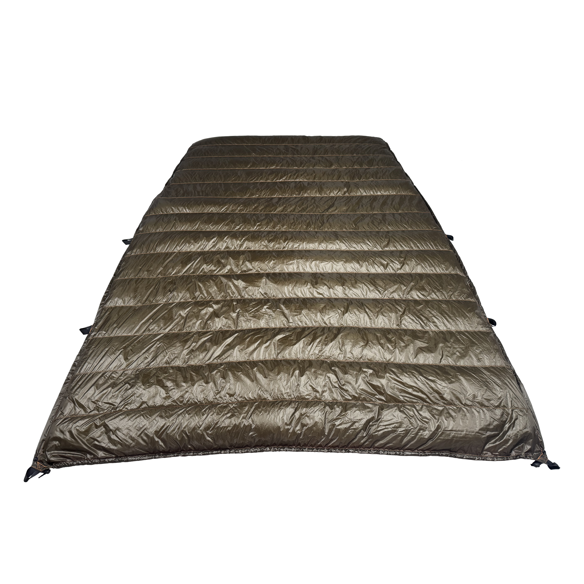 Big Meadows Ultralight 20° backpacking quilt laid flat, dark olive Argon 67 shell, wide half-taper shape 55 in at the head tapering to 45 in at the foot