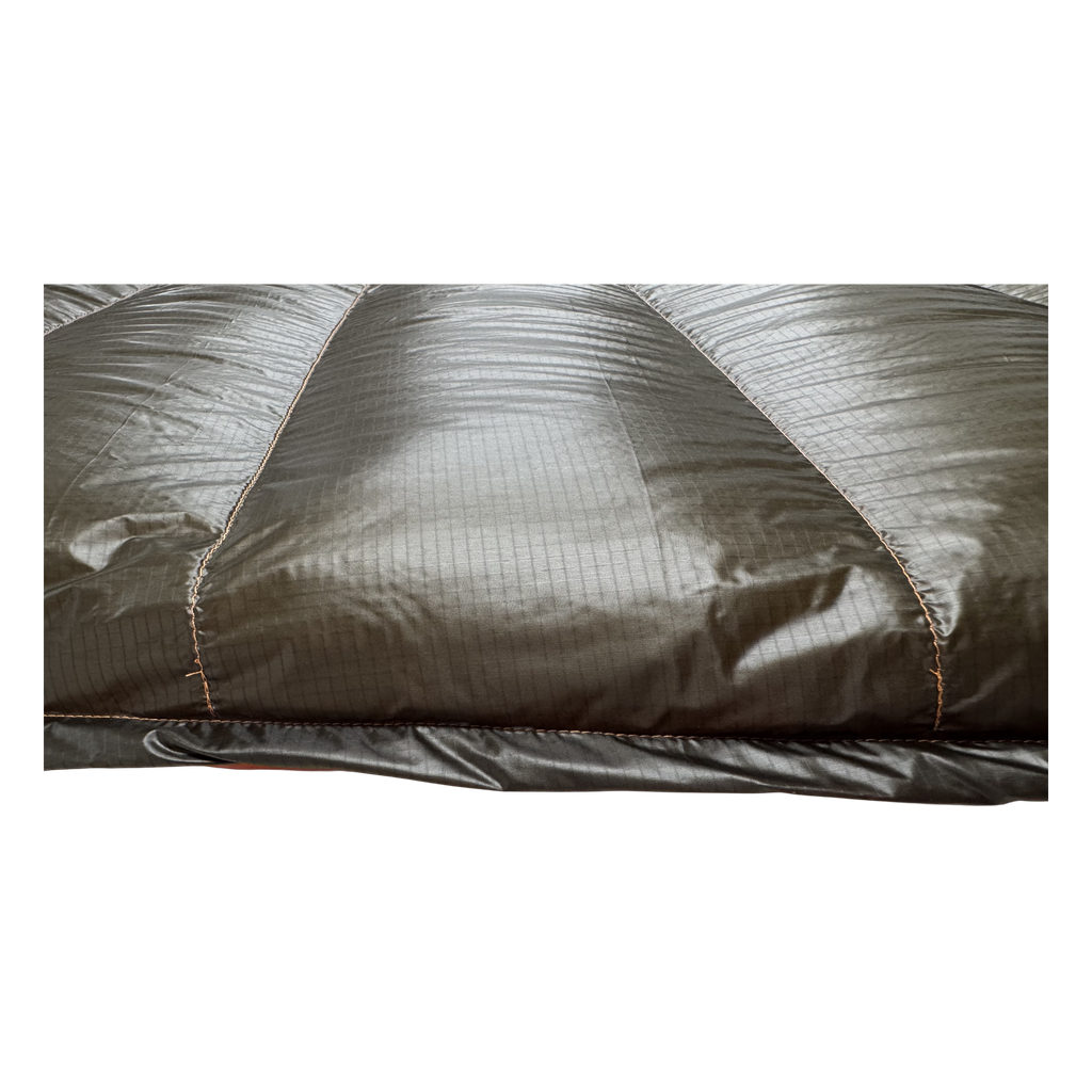 Close-up of the dark olive Argon 67 ripstop shell and baffle stitching on the Big Meadows Ultralight 20° quilt