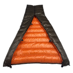 Big Meadows Ultralight 20° quilt with the foot box snapped closed, viewed from the head end into the burnt orange interior