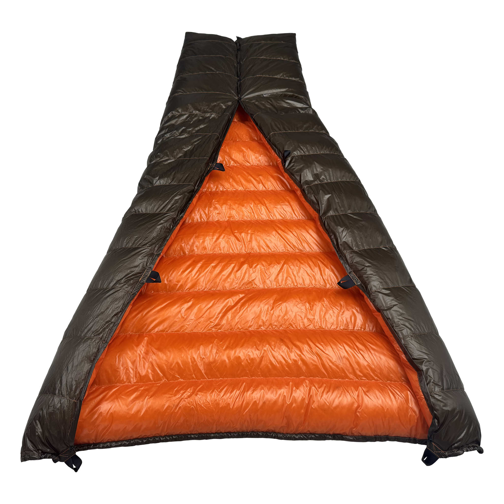 Big Meadows Ultralight 20° quilt with the foot box snapped closed, viewed from the head end into the burnt orange interior