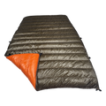 Big Meadows Ultralight 20° quilt with the foot corner turned back, showing the burnt orange interior against the dark olive shell