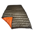Big Meadows Ultralight 20° quilt with the foot corner turned back, showing the burnt orange interior against the dark olive shell