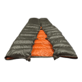 Big Meadows Ultralight 40° summer backpacking quilt laid flat, dark olive outer shell with burnt orange interior, wide half-taper design