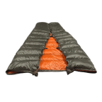Big Meadows Ultralight 40° summer backpacking quilt laid flat, dark olive outer shell with burnt orange interior, wide half-taper design