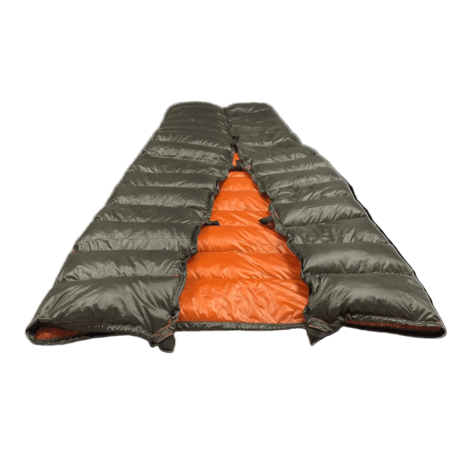 Big Meadows Ultralight 40° summer backpacking quilt laid flat, dark olive outer shell with burnt orange interior, wide half-taper design