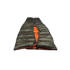 Overhead view of the Big Meadows Ultralight 40° backpacking quilt showing tapered shape and dark olive Argon 67 shell fab