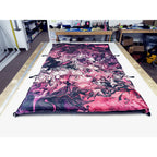 Custom ultralight backpacking quilt in the Pink Liquify print, a pink and magenta swirl