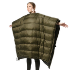 Woman wearing the Jacks R Better High Sierra Sniveller 0° wide down quilt as a wearable wrap with arm extended