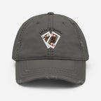 Jacks R Better distressed retro logo dad hat in charcoal grey, front view