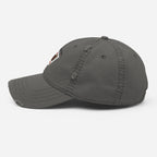 Jacks R Better distressed retro logo dad hat in charcoal grey, left side view