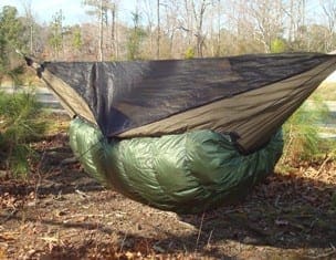 Jacks R Better Greylock 4 0°F winter 3/4-length hammock underquilt on a Hennessy Hammock