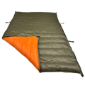 Jacks R Better Hudson River 20 degree camping quilt laid flat showing olive green exterior and orange interior lining with attachment loops