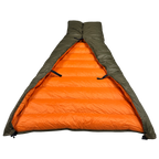 Jacks R Better Hudson River 20 degree camping quilt with the footbox formed, revealing the full orange interior lining and attachment loops for hammock underquilt or sleeping bag use