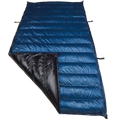 Jacks R Better Hudson River Ultralight 20 degree backpacking quilt laid flat with corner folded back showing Moroccan Blue Argon 67 shell and black Argon 67 interior lining with attachment loops