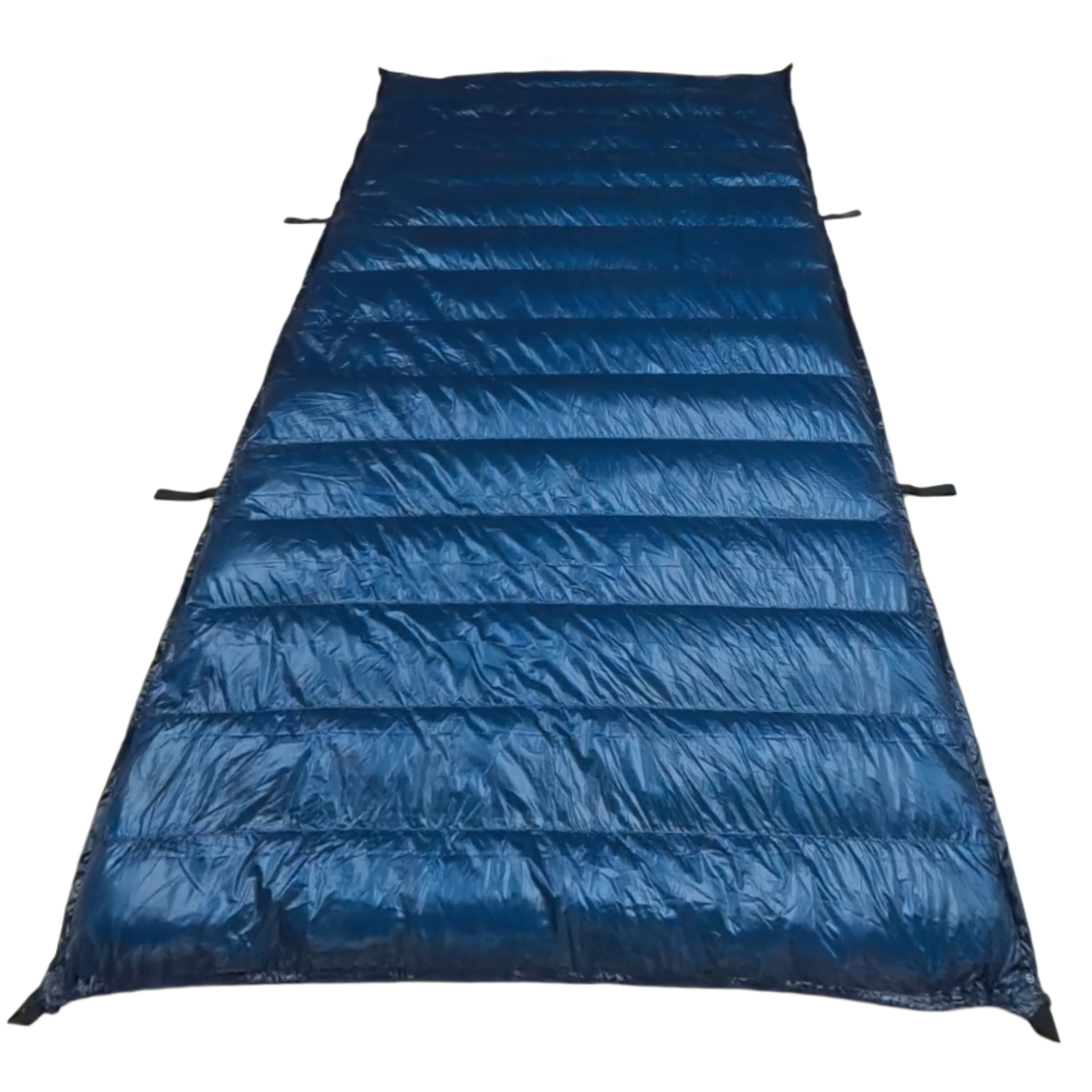 Jacks R Better Hudson River Ultralight 20 degree backpacking quilt laid flat showing Moroccan Blue Argon 67 ripstop shell and attachment loops