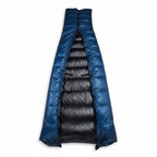Jacks R Better Hudson River Ultralight 20 degree backpacking quilt opened to reveal the black Argon 67 interior lining and Moroccan Blue shell with attachment loops