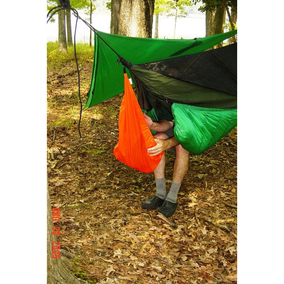 Jacks R Better Jeff's Gear Hammock and pack cover hung under a hammock