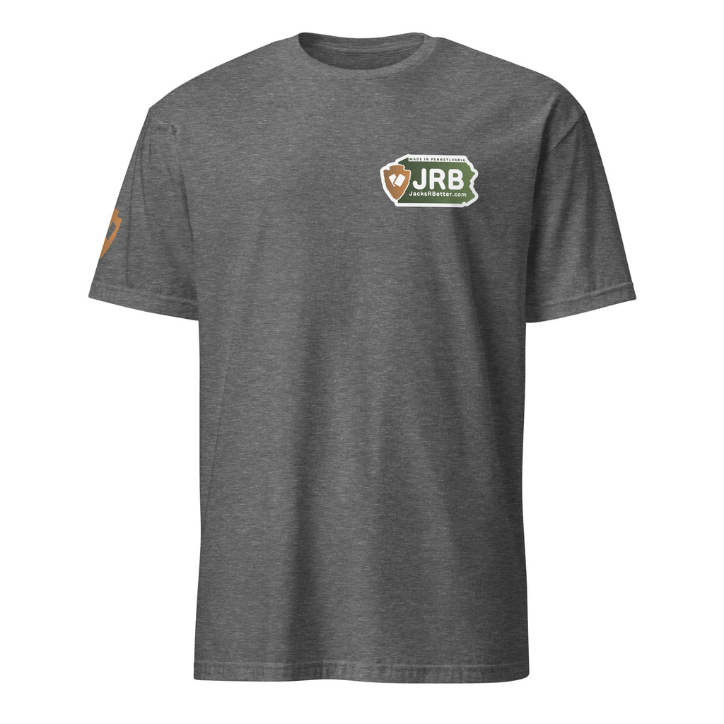 Jacks R Better logo t-shirt in graphite heather, front view