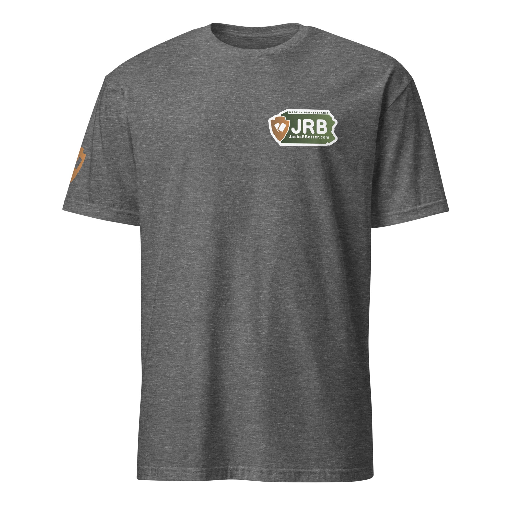 Jacks R Better logo t-shirt in graphite heather, front view