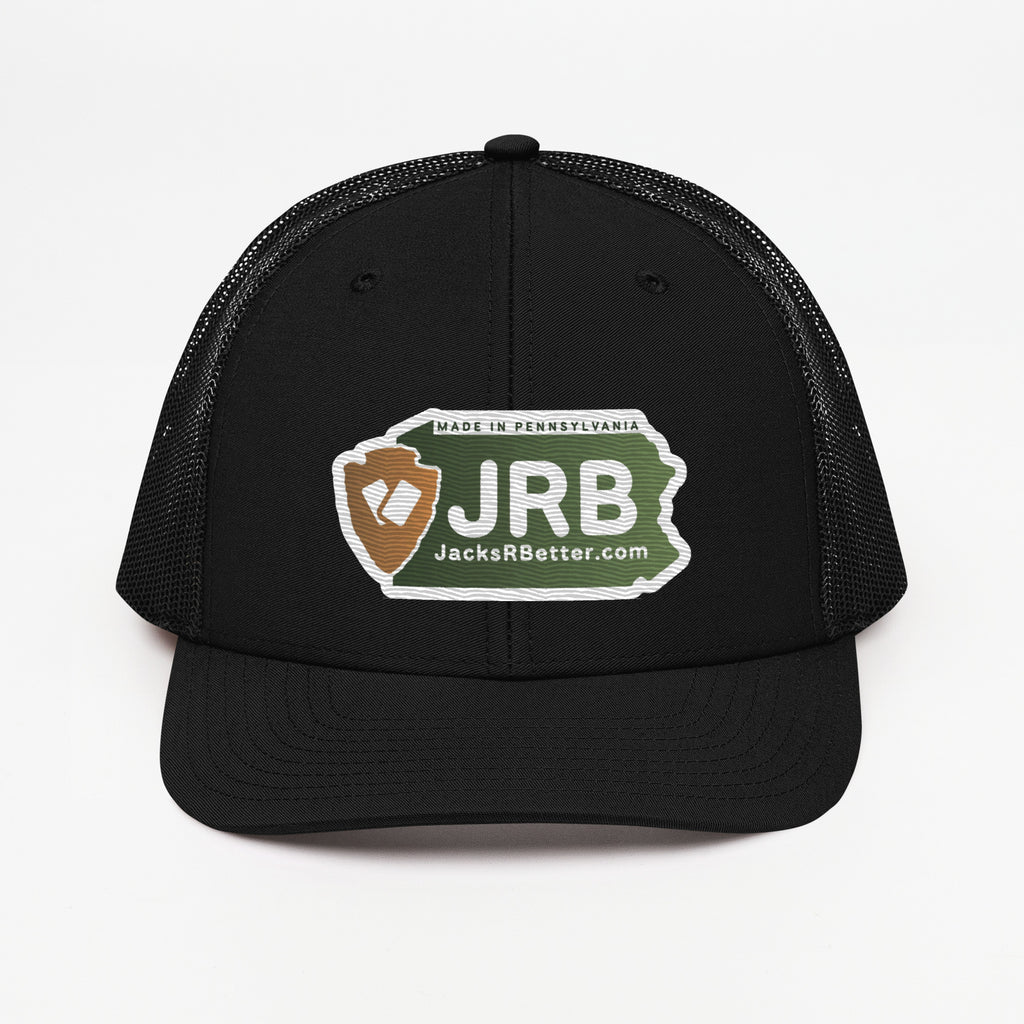 Jacks R Better logo snapback trucker cap in black, front view