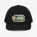 Jacks R Better logo snapback trucker cap in black, front view