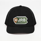 Jacks R Better logo snapback trucker cap in black, front view