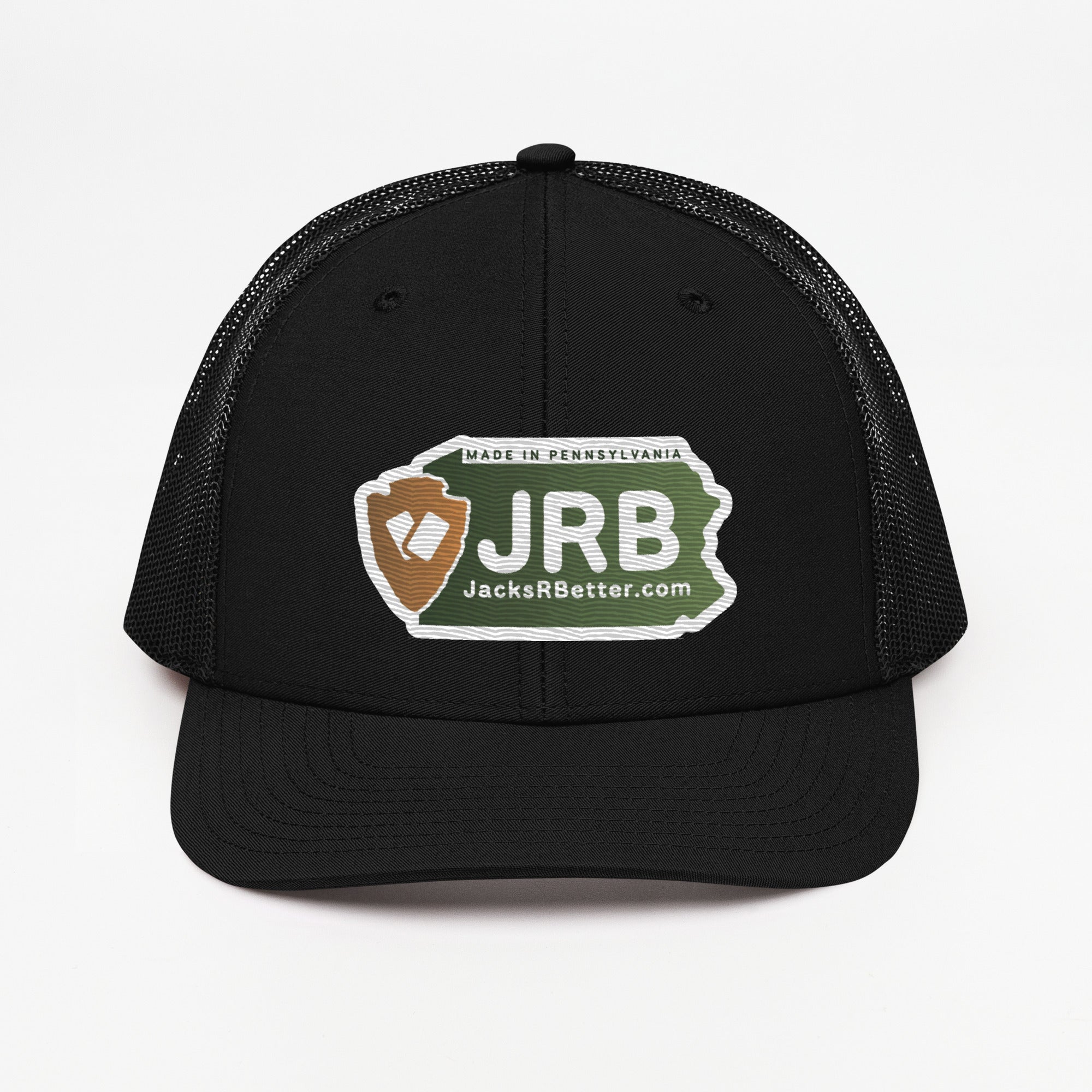 Jacks R Better logo snapback trucker cap in black, front view