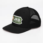 Jacks R Better logo snapback trucker cap in black, left front view