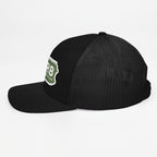 Jacks R Better logo snapback trucker cap in black, left side view