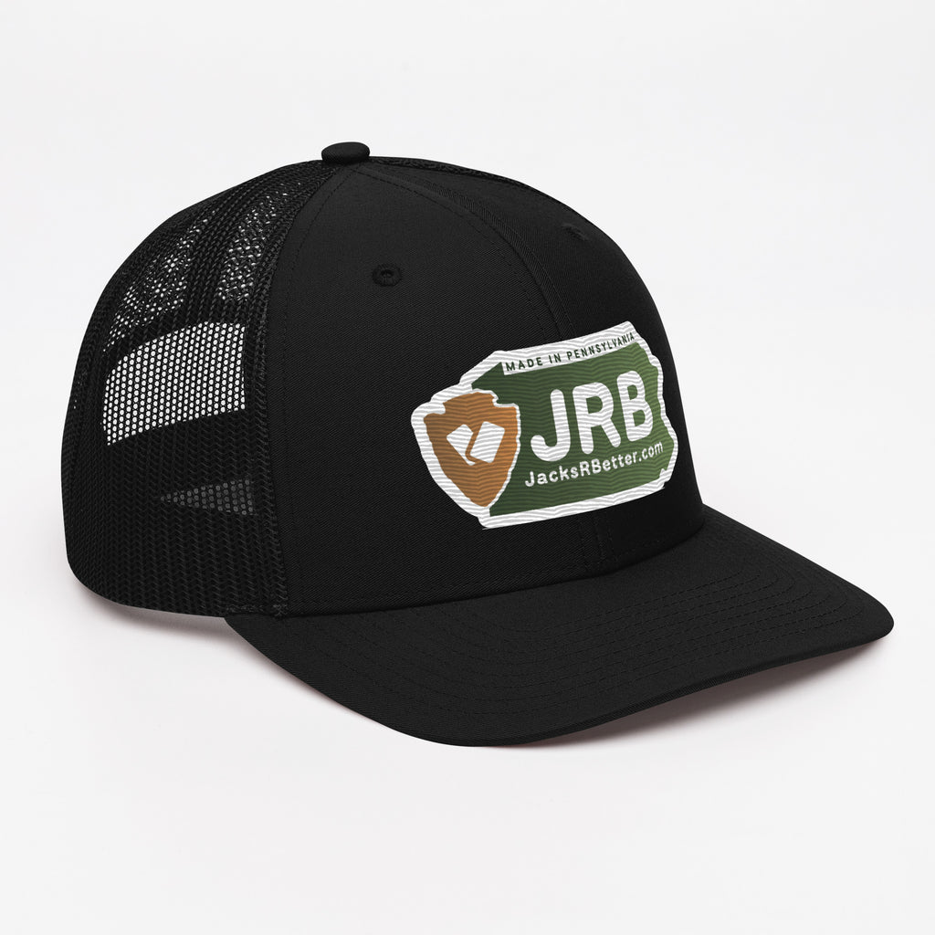 Jacks R Better logo snapback trucker cap in black, right front view