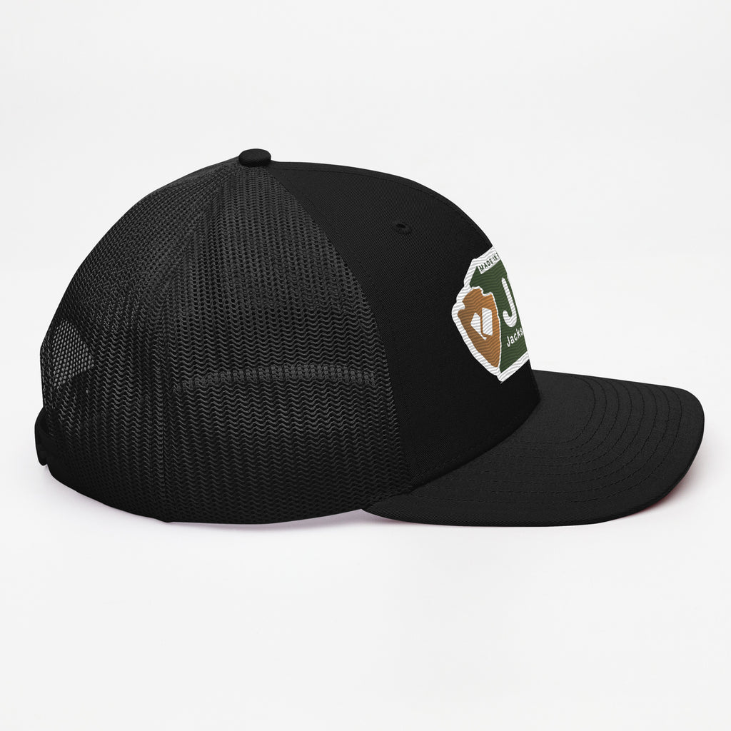 Jacks R Better logo snapback trucker cap in black, right side view