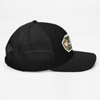 Jacks R Better logo snapback trucker cap in black, right side view