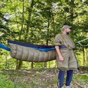 Jacks R Better Mt Washington 3 three-season hammock underquilt set up at a wooded campsite