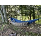 Jacks R Better Mt Washington 3 20°F three-season hammock underquilt hung beneath a camping hammock