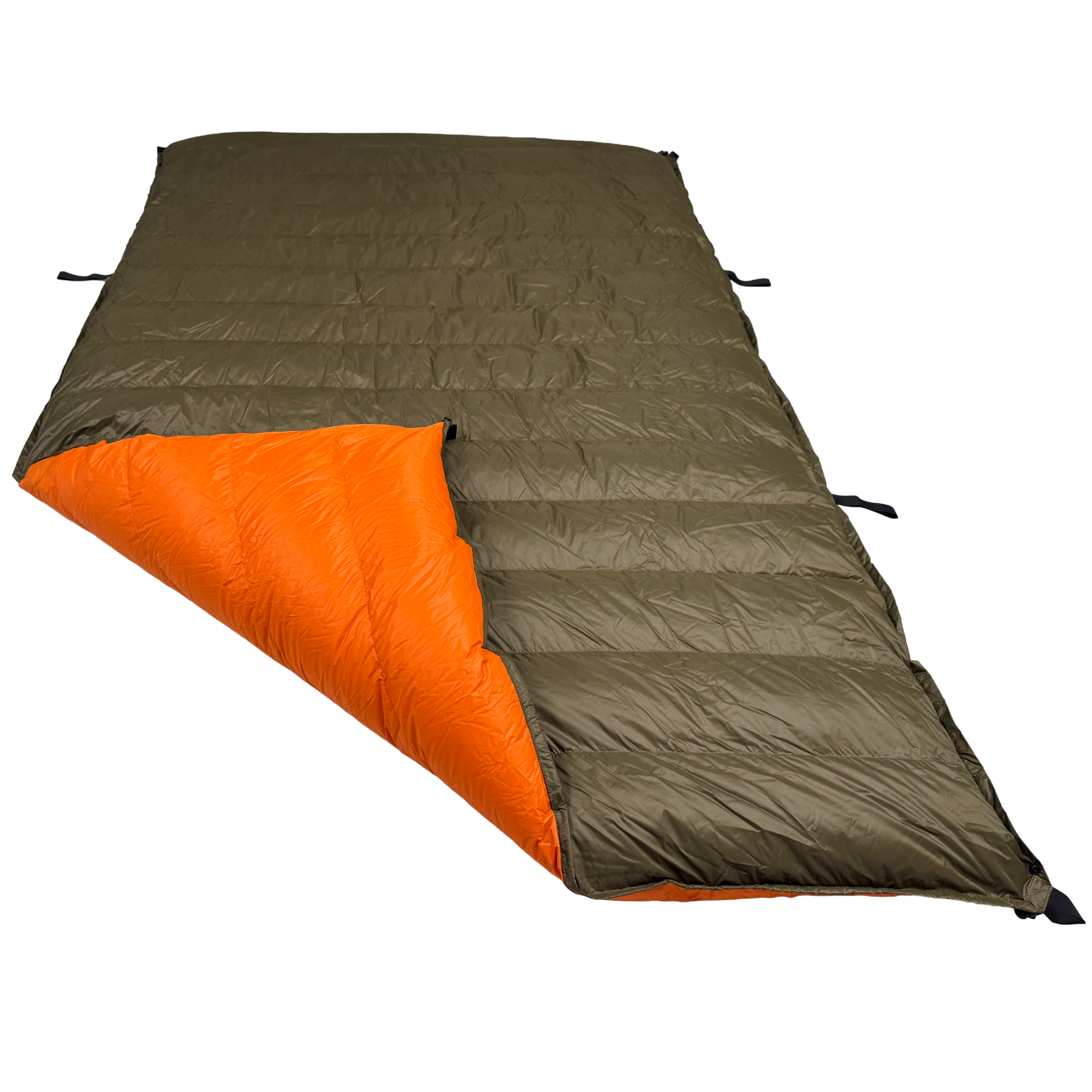 Jacks R Better Old Rag Mountain 0 degree camping quilt laid flat showing olive green exterior and orange interior lining with attachment loops