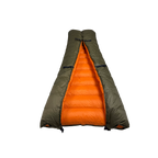 Jacks R Better Old Rag Mountain 0 degree camping quilt with the footbox formed, revealing the full orange interior lining and attachment loops for hammock underquilt or sleeping bag use