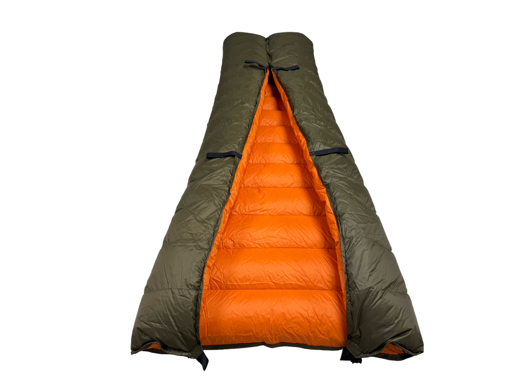 Jacks R Better Old Rag Mountain 0 degree camping quilt with the footbox formed, revealing the full orange interior lining and attachment loops for hammock underquilt or sleeping bag use
