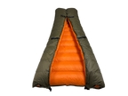 Jacks R Better Old Rag Mountain 0 degree camping quilt with the footbox formed, revealing the full orange interior lining and attachment loops for hammock underquilt or sleeping bag use
