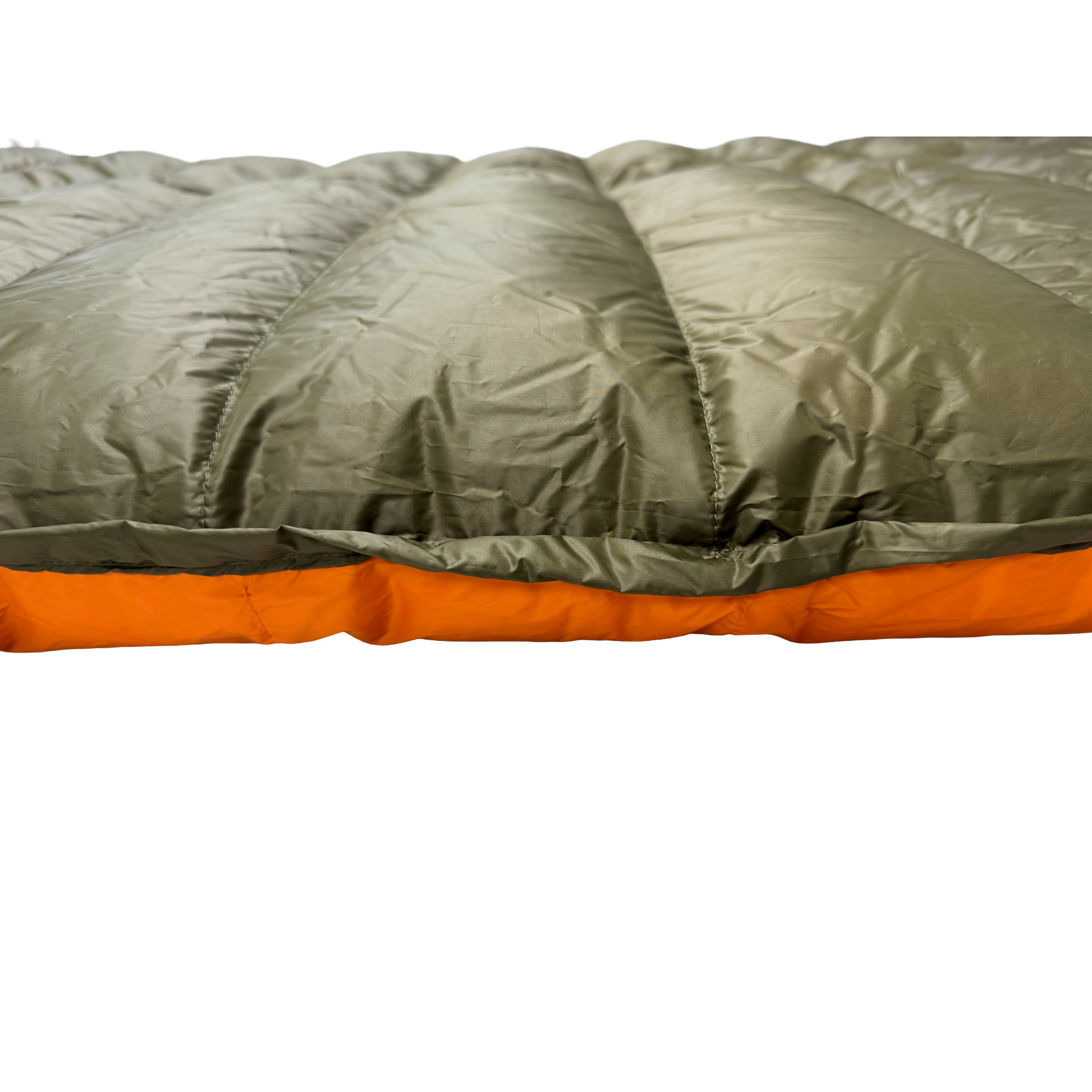 Close-up detail of Jacks R Better Old Rag Mountain 0 degree camping quilt showing olive taffeta shell fabric and baffle loft