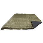 Jacks R Better Overland 20°F overlanding and RV camping quilt laid flat, dark olive shell with the corner turned back to show the black lining