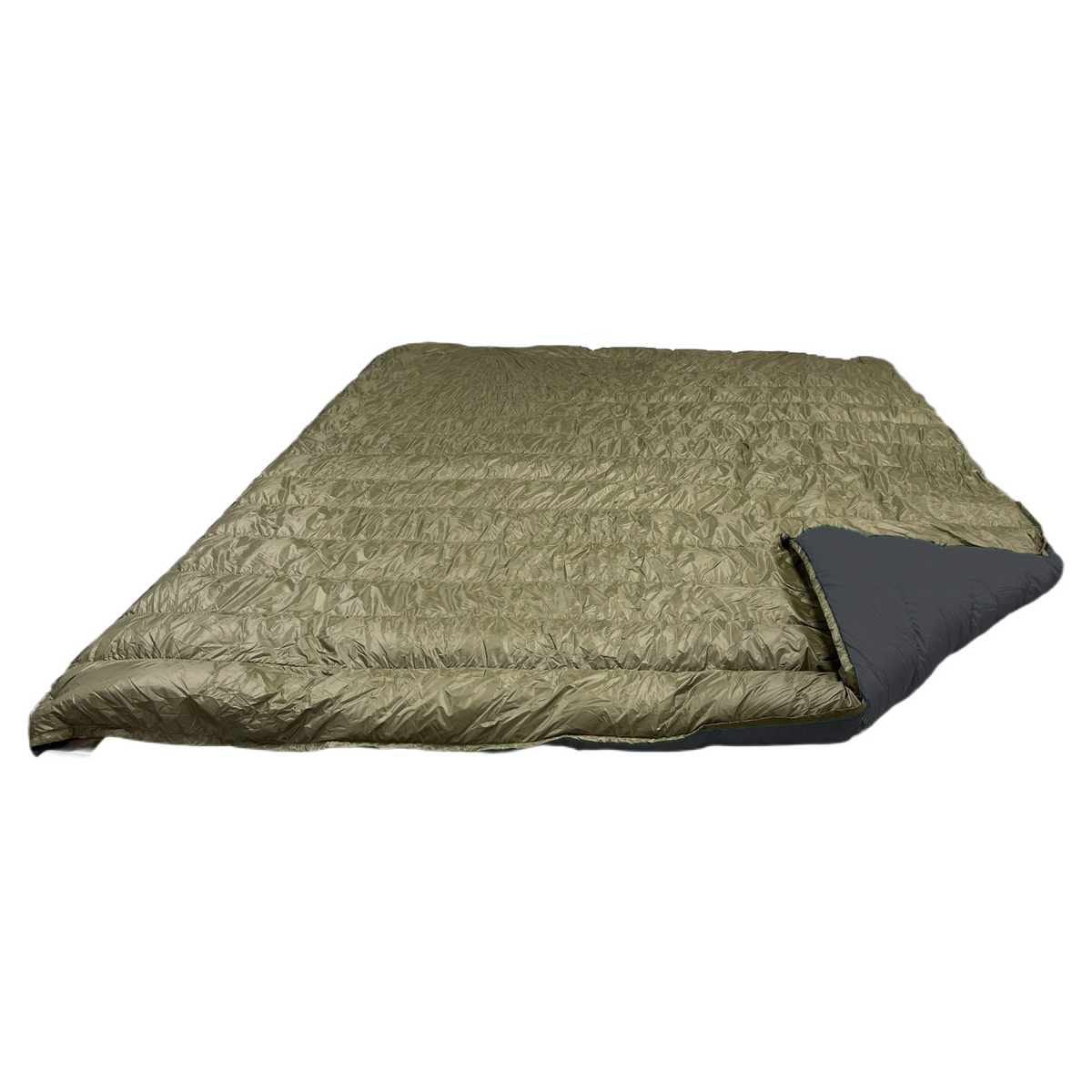 Jacks R Better Overland 20°F overlanding and RV camping quilt laid flat, dark olive shell with the corner turned back to show the black lining