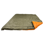 Jacks R Better Overland 20°F overlanding and RV camping quilt laid flat, dark olive shell with the corner turned back to show the burnt orange lining