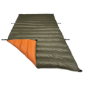 Jacks R Better Shenandoah 40 degree camping quilt laid flat showing olive green exterior and orange interior lining with attachment loops