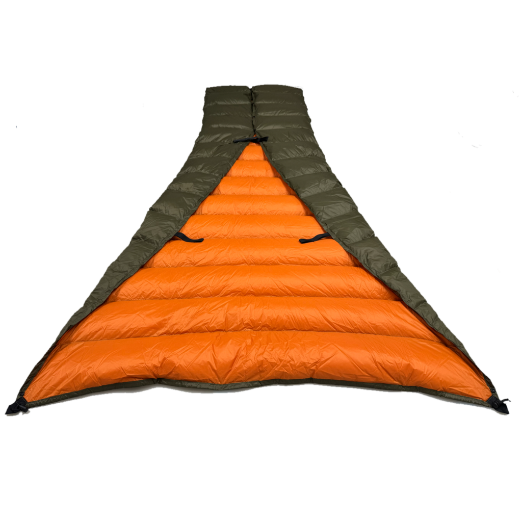 Jacks R Better Shenandoah 40 degree camping quilt spread open revealing full orange interior lining with attachment loops for hammock underquilt use