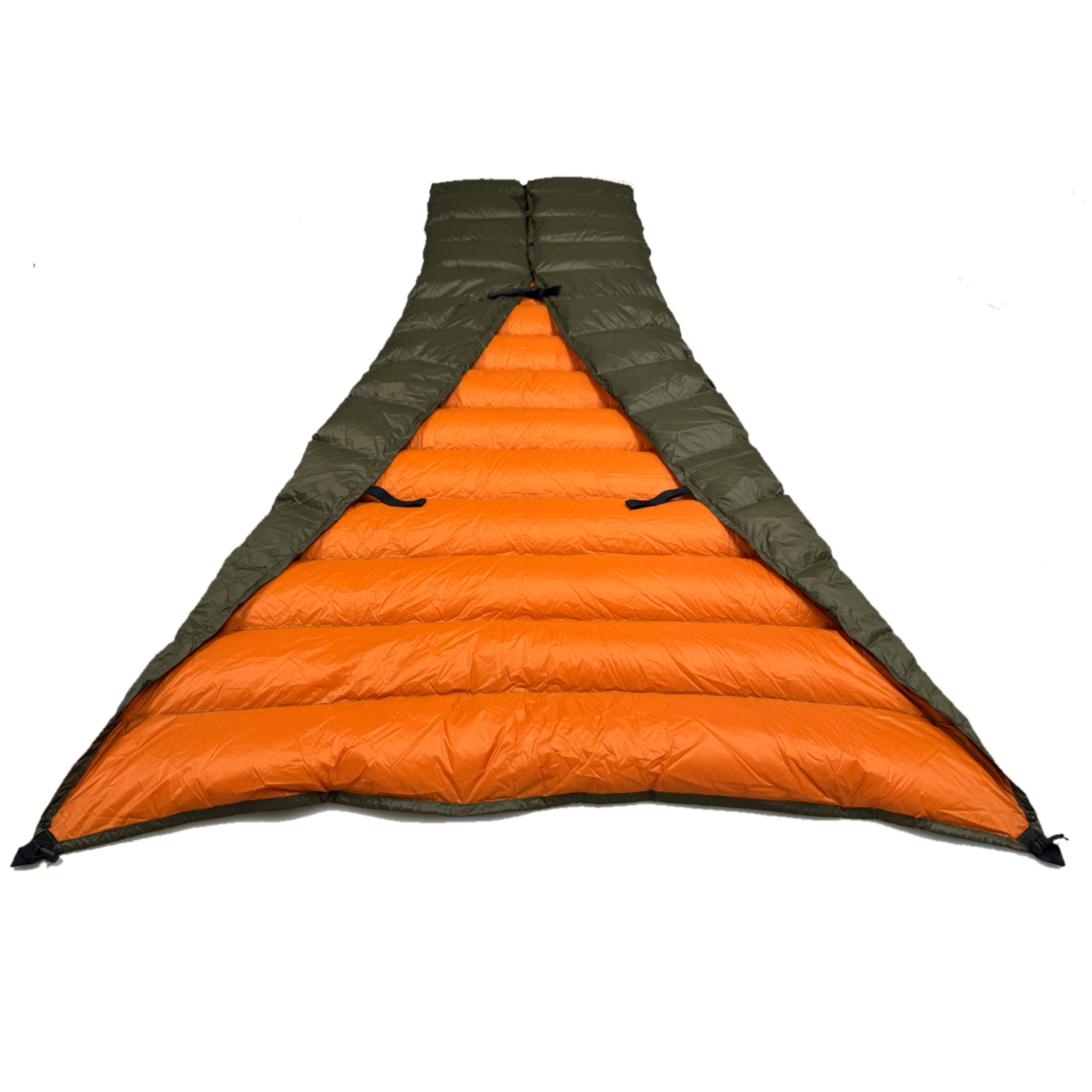 Jacks R Better Shenandoah 40 degree camping quilt spread open revealing full orange interior lining with attachment loops for hammock underquilt use