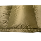 Close-up detail of Jacks R Better Shenandoah 40 degree camping quilt showing olive taffeta shell fabric and baffle construction