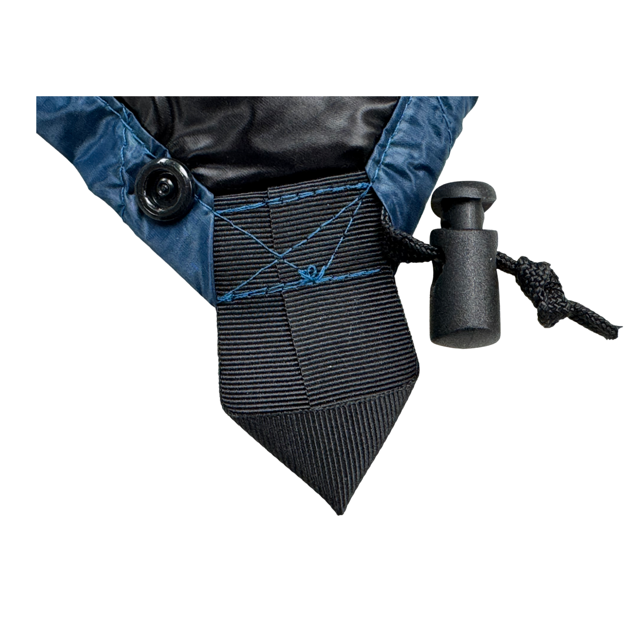 Close-up detail of Jacks R Better Shenandoah Ultralight 40 degree backpacking quilt showing corner attachment loop and Moroccan Blue Argon 67 shell