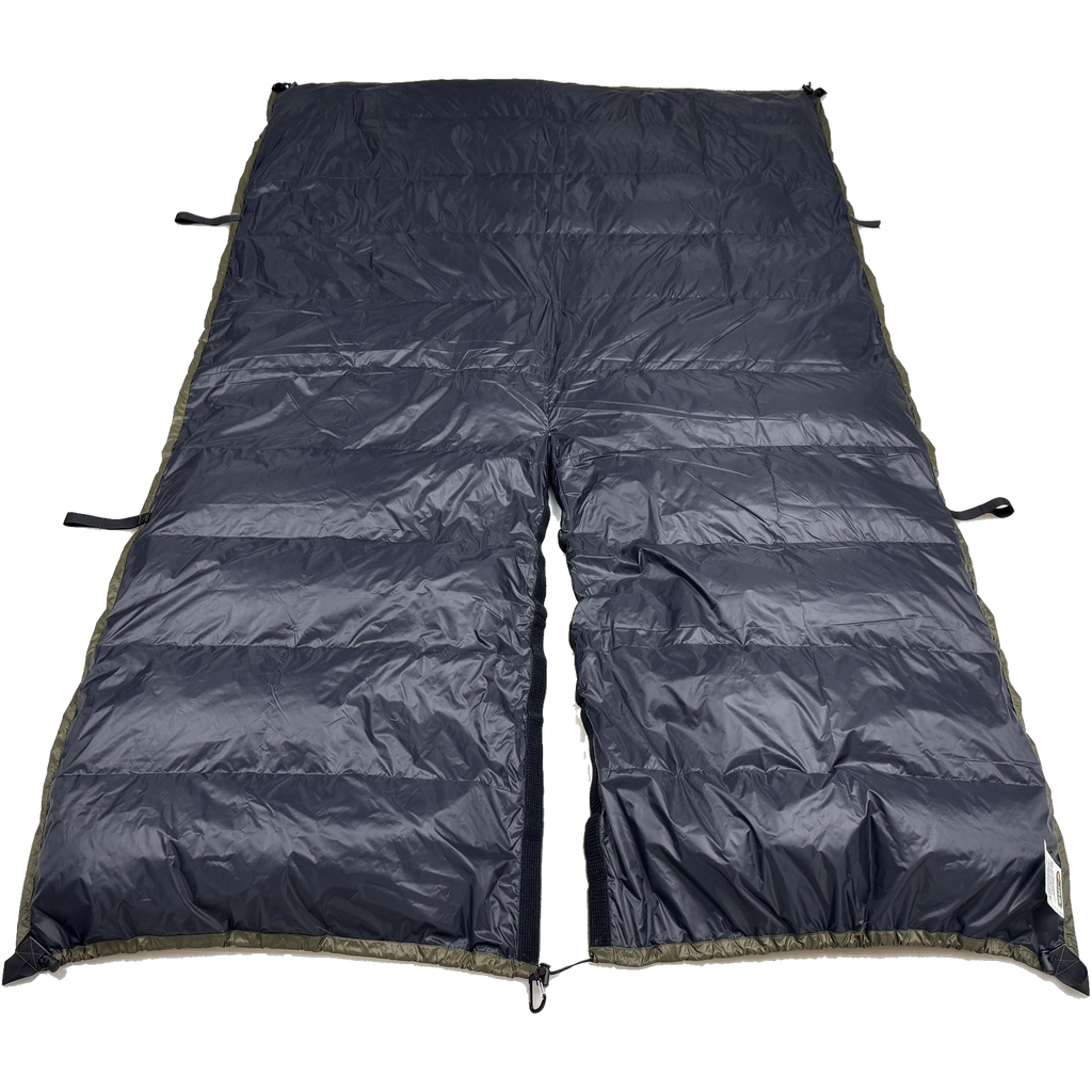Jacks R Better The Nest 20 degree Hennessy Hammock underquilt opened along the centre to show the Hennessy-specific entry slit
